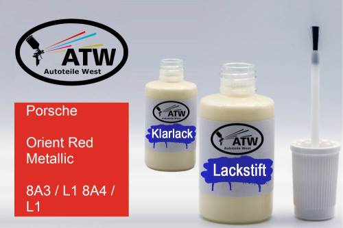 Porsche, Orient Red Metallic, 8A3 / L1 8A4 / L1: 20ml Lackstift + 20ml Klarlack - Set, von ATW Autoteile West.